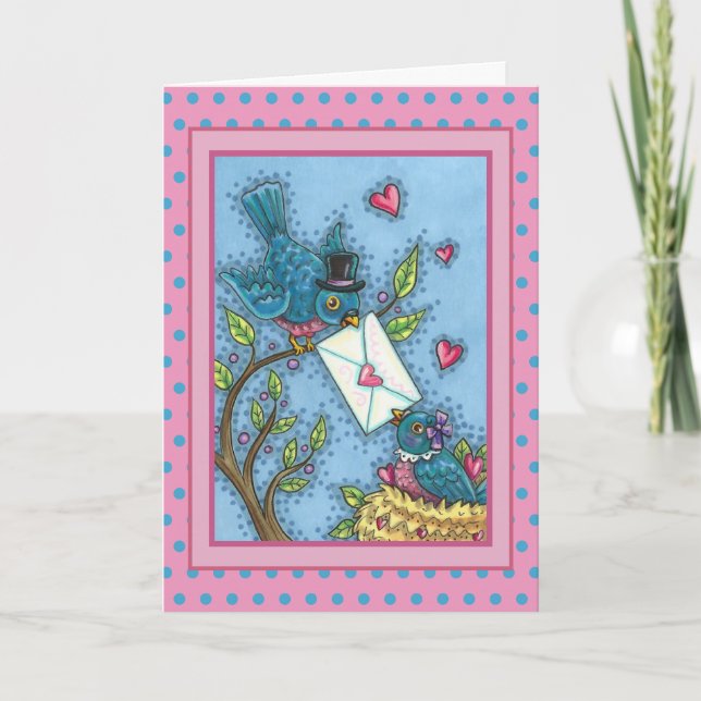 NIEDLICHE BLUEBIRD SWEETHEARDS, LIEBE VOGELVALENTI FEIERTAGSKARTE (Vorderseite)