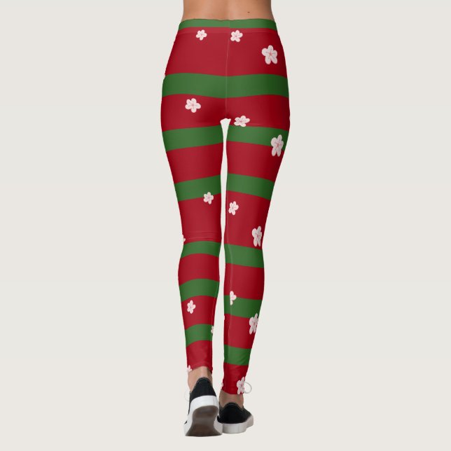 Niedliche Blume Blumengestein auf Solid Green Red  Leggings (Rückseite)