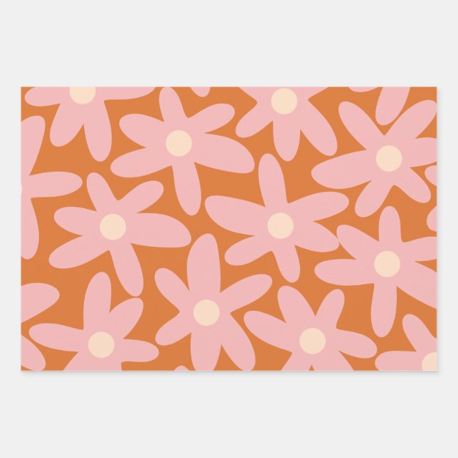 Niedliche Blume Blumenmuster in Orange und Pink Geschenkpapier Set (Vorderseite)