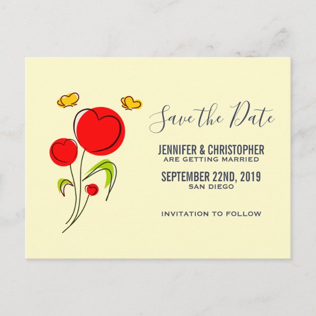 Niedliche Blume des Roten Herzens Save the Date Il Postkarte (Vorderseite)