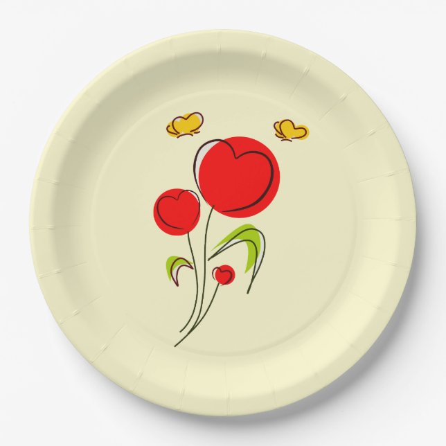 Niedliche Blume des Roten Herzens und Gelbe Schmet Pappteller (Vorderseite)