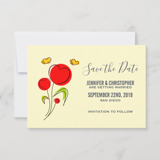 Niedliche Blume des Roten Herzens und Gelbe Schmet Save The Date (Vorderseite)
