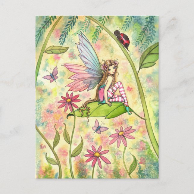 Niedliche Blume Fairy and Ladybug Fantasy Art Postkarte (Vorderseite)