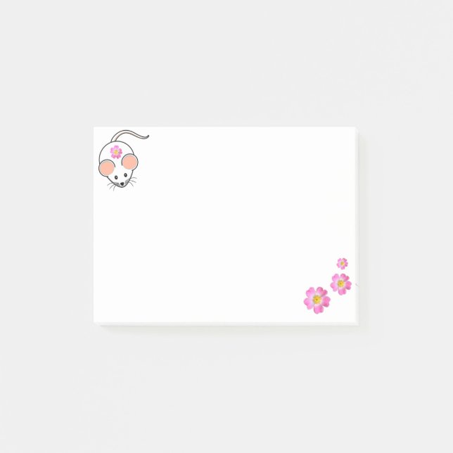 Niedliche Blume mit weißer Maus und rosa Post-it Klebezettel (Vorderseite)