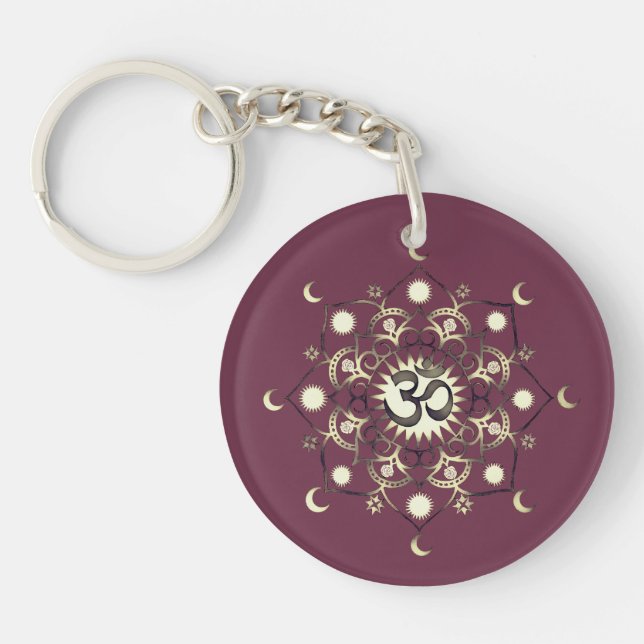 Niedliche Blume Moon Mandala Om Zitat Gold Lila Schlüsselanhänger (Vorderseite)