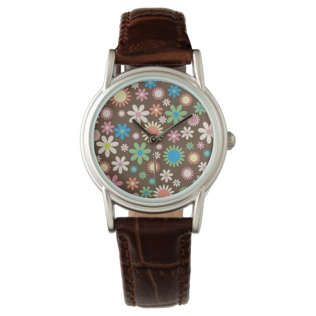 Niedliche Blume Power Muster Brown Armbanduhr (Vorderseite)