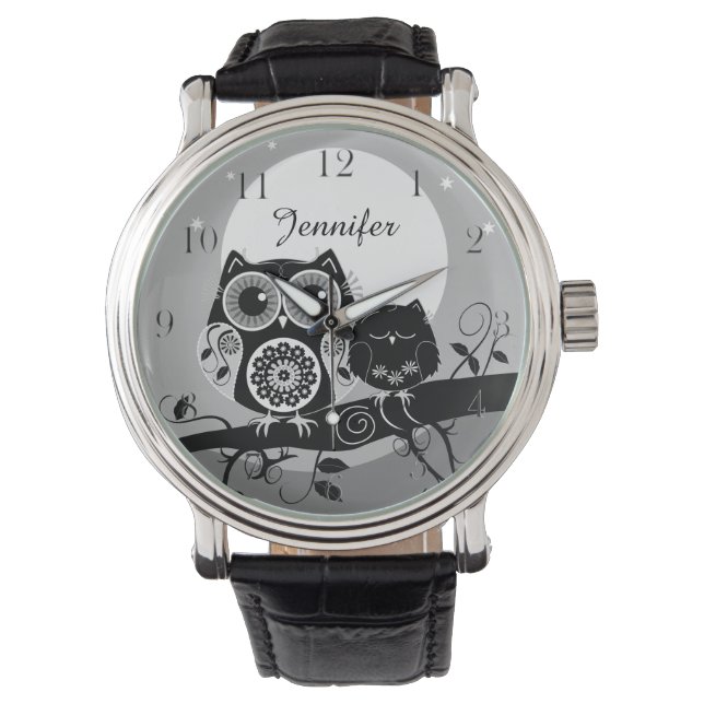 Niedliche Blume Power Owls & individuelle Name Armbanduhr (Vorderseite)
