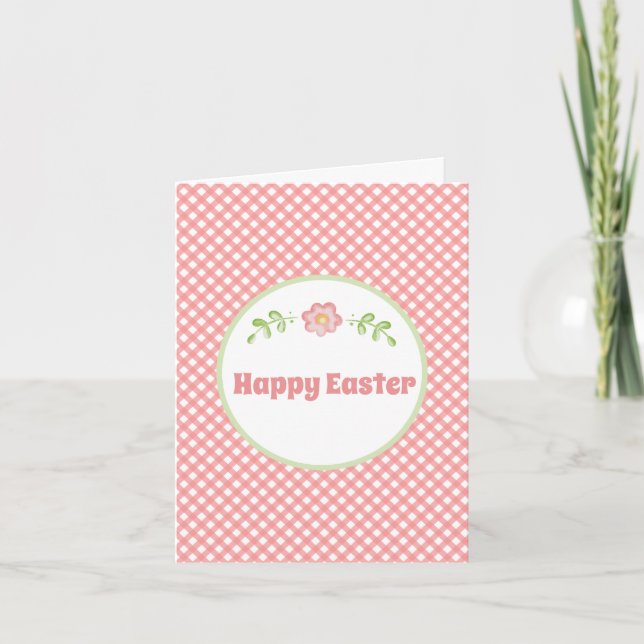 Niedliche Blume und Coral Pink Gingham Osterfeier Karte (Vorderseite)