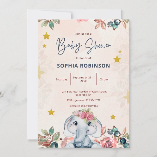 Niedliche Blumen Elefant Baby Dusche Einladung (Vorderseite)