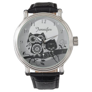 Niedliche Blumen-Powereulen u. -individueller Name Armbanduhr