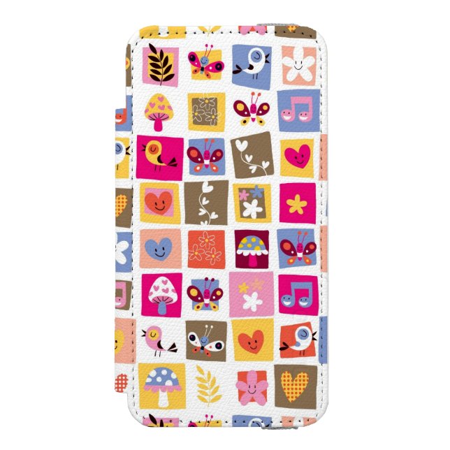 niedliche Blumen, Vögel, Herzen quadriert Muster Incipio iPhone Geldbeutel-Hülle (Folio Vorderseite)