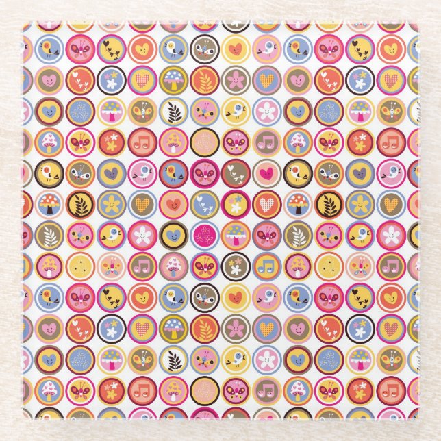 niedliche Blumen, Vögel, Herzmuster Glasuntersetzer (Vorderseite)