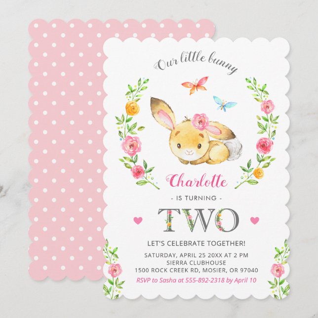 Niedliche Blumenbunny Girls 2. Geburtstagsparty Einladung (Vorne/Hinten)