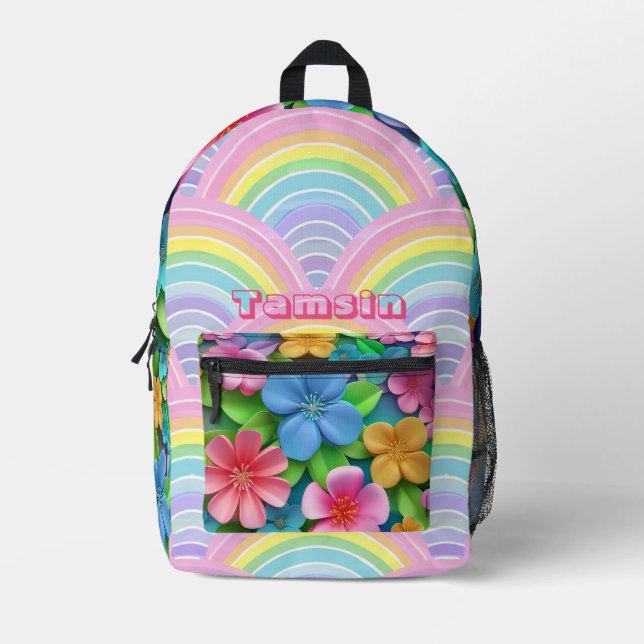 Niedliche Blumenfantasy & Rainbow Whimsy Personali Bedruckter Rucksack (Vorderseite)