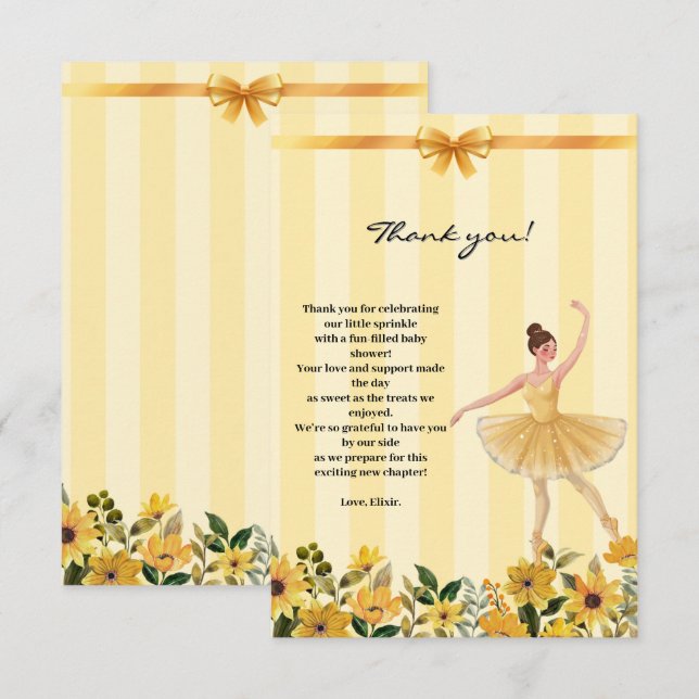 Niedliche Blumengelbe Ballerina Ribbon Babydusche Dankeskarte (Vorne/Hinten)