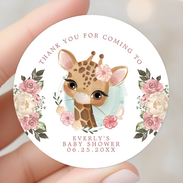Niedliche Blumengiraffe Girl Babydusche Danke Runder Aufkleber (Von Creator hochgeladen)