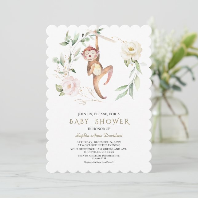 Niedliche Blumengrün, Gold Baby Dusche Einladung (Stehend Vorderseite)