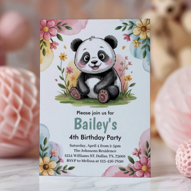 Niedliche Blumenkids Panda 4. Geburtstag Party Einladung (Von Creator hochgeladen)