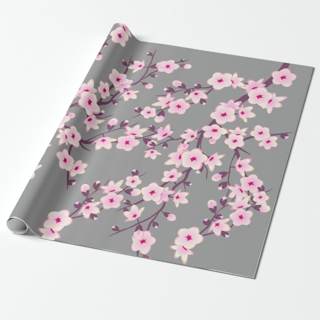 Niedliche Blumenkirsche Blüten Rosa Grau Geschenkpapier (Ungerollt)