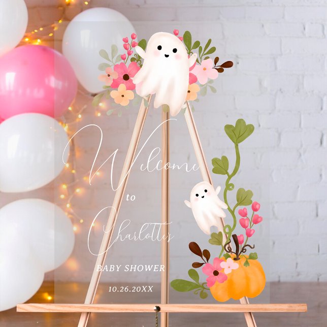 Niedliche Blumenkürbis Begrüßung Babydusche Acrylschild (Cute floral ghost pumpkin welcome baby shower acrylic sign)
