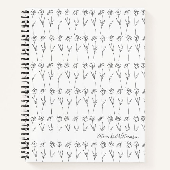 Niedliche Blumenlinie Schwarz/Weiß Personalisiert Notizbuch (Vorderseite)