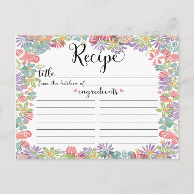Niedliche Blumenrahmen Brautparty Rezeptkarte Postkarte (Vorderseite)