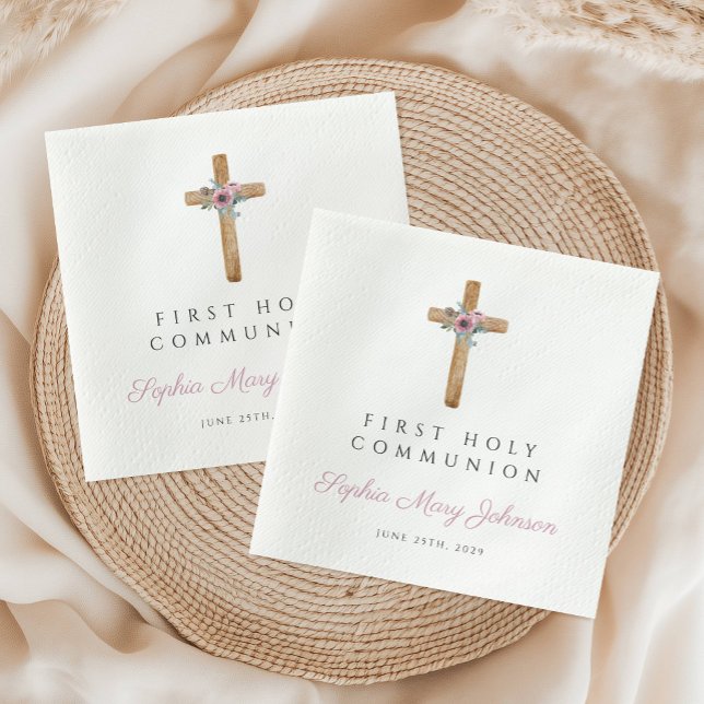 Niedliche Blumenrosa Cross Girl Erste Kommune Serviette (Cute Floral Pink Cross Girl First Communion Napkins
)