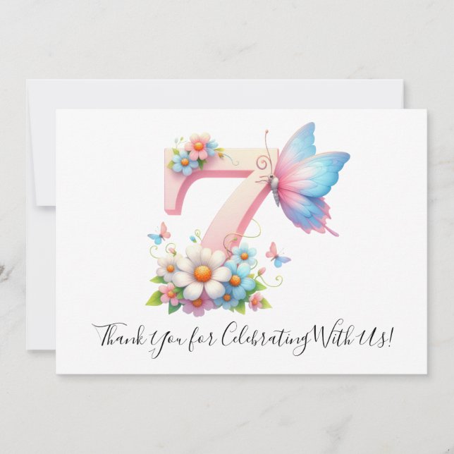 Niedliche Blumenschmetterling Siebter Geburtstag V Dankeskarte (Vorderseite)