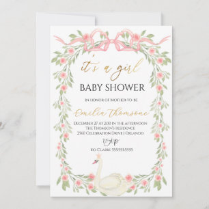Niedliche Blumenschwan Blush Pink Ribbon Babydusch Einladung