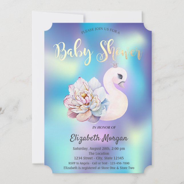 Niedliche Blumenschwan-Holographic Baby-Dusche Einladung (Vorderseite)