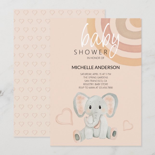 Niedliche Blush Elephant Aquarellfarben Einladung (Vorne/Hinten)