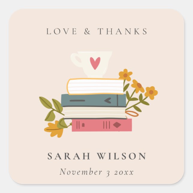 Niedliche Blush Stack Storybooks Floral Wedding Quadratischer Aufkleber (Vorderseite)