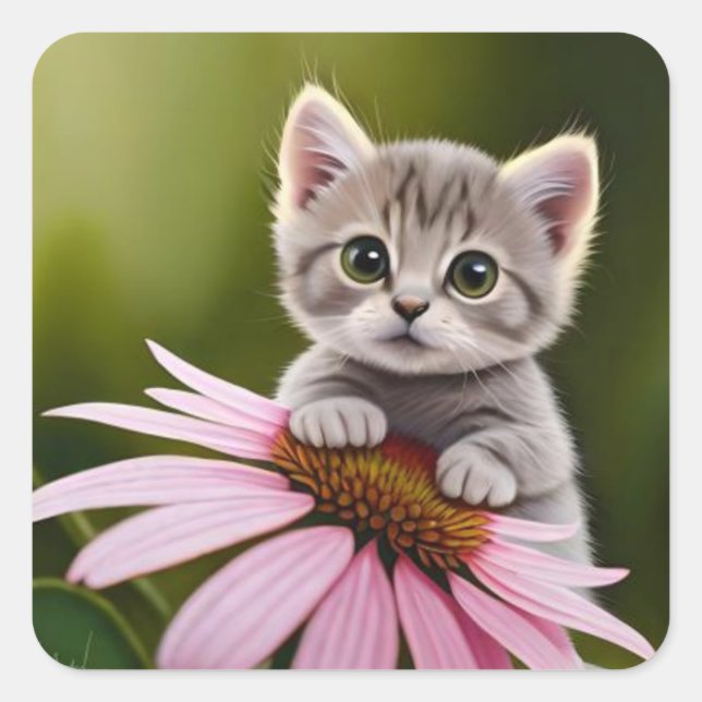 Niedliche Blütenkatze Quadratischer Aufkleber (Vorderseite)
