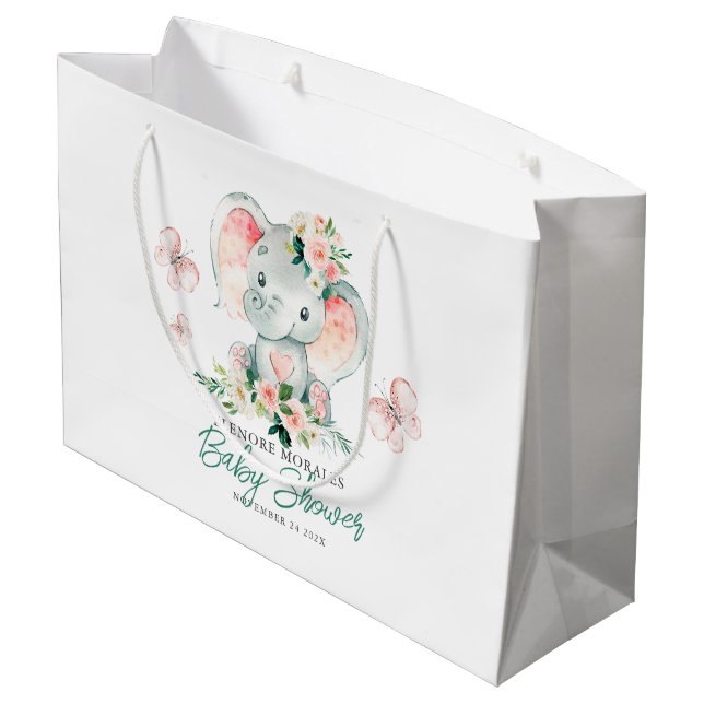 Niedliche Blütenlephant-Babydusche Große Geschenktüte (Rückseite Schrägansicht)