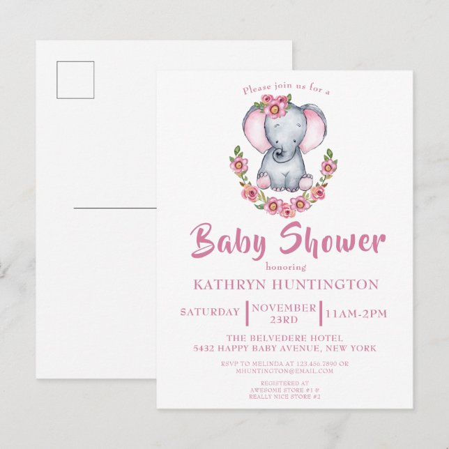 Niedliche Blütenlephant Pink Babydusche Einladung  (Vorne/Hinten)