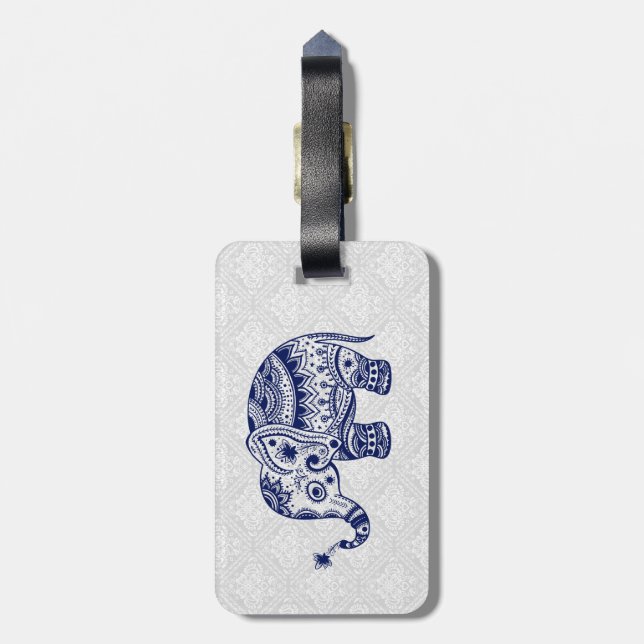 Niedliche Blütenlephäre in Navy Blue & White Gepäckanhänger (Rückseite vertikal)