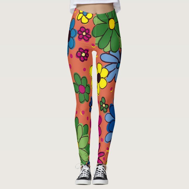 Niedliche Blütenorange Leggings (Vorderseite)