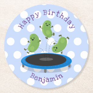 Niedliche Bohnen Springen Trampolin Cartoon Abbild Runder Pappuntersetzer