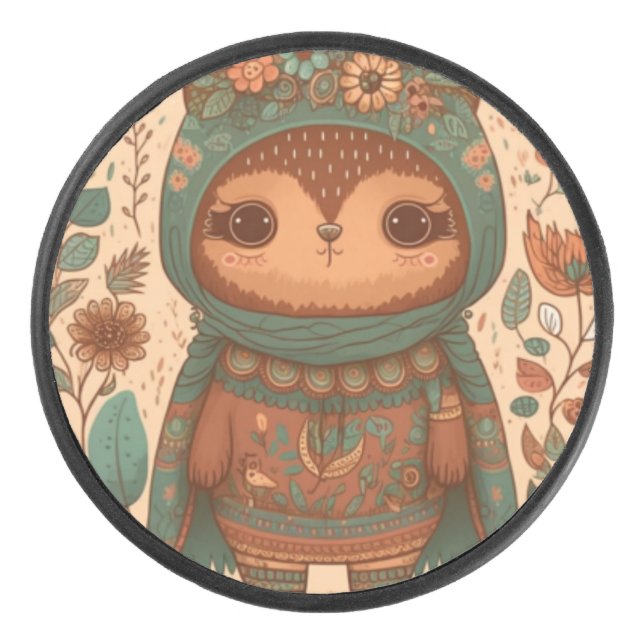 Niedliche Boho-Blütenuhu Eishockey Puck (Vorderseite)