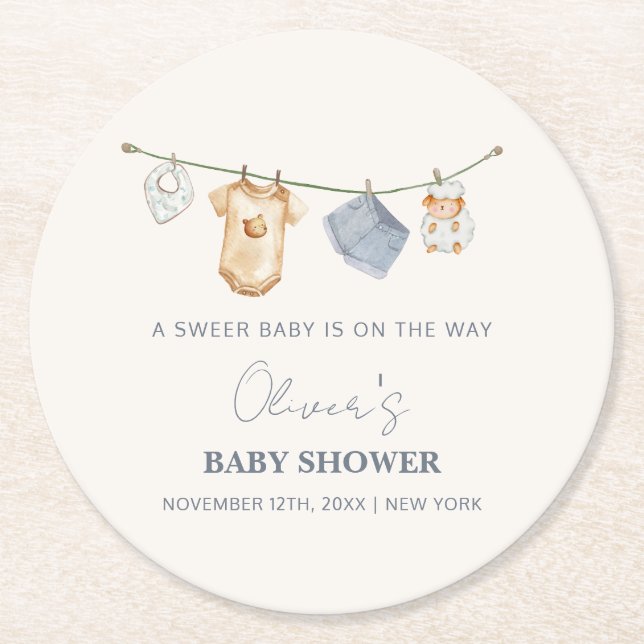 Niedliche Boho Clothesline Babydusche Runder Pappuntersetzer (Vorderseite)