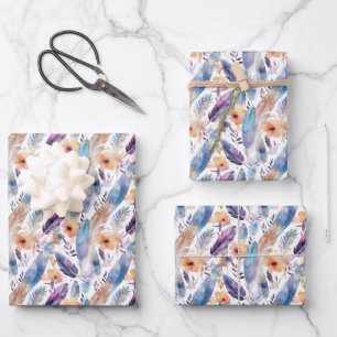 niedliche Boho Federn Blume gekacheltes Party Geschenkpapier Set