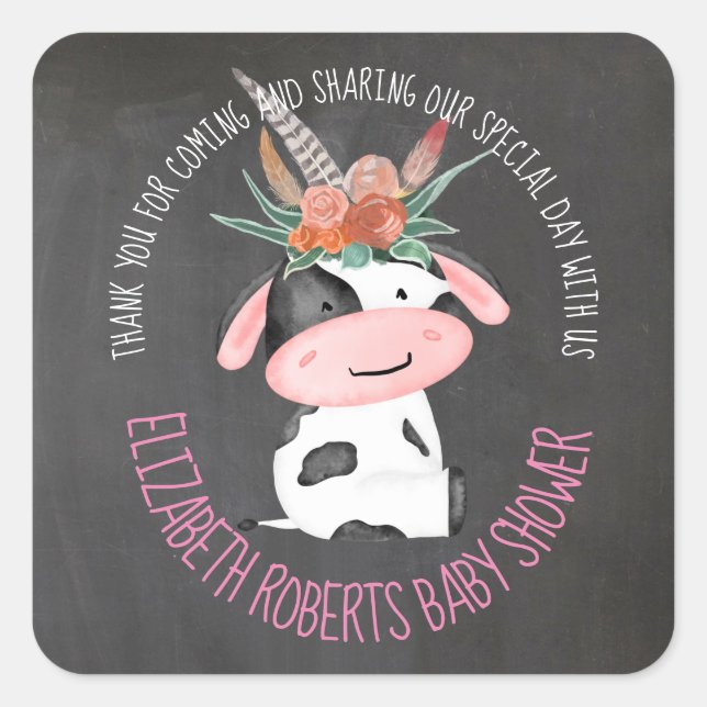 Niedliche Boho Kuh Chalkboard Babydusche Quadratischer Aufkleber (Vorderseite)