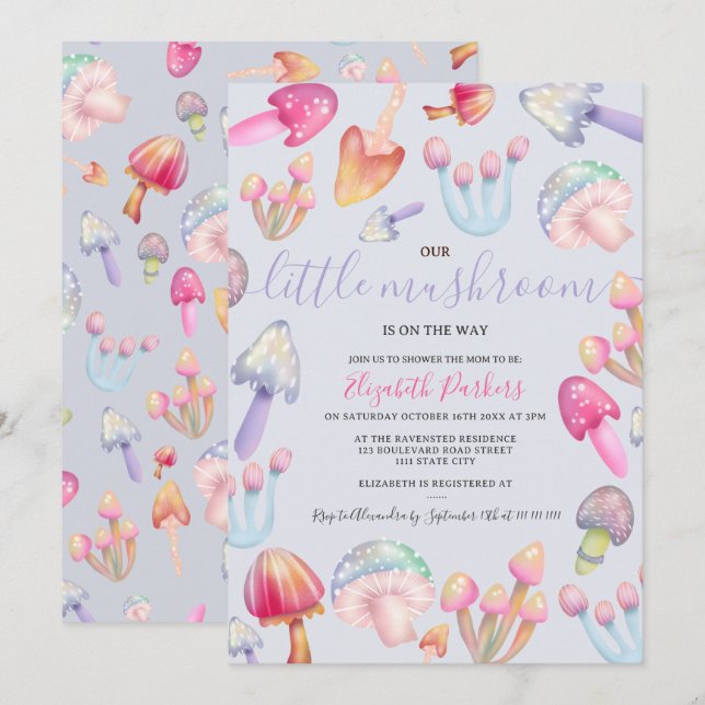 Niedliche boho pastellfarbene Pilze Aquarell Babyd Einladung (Vorne/Hinten)