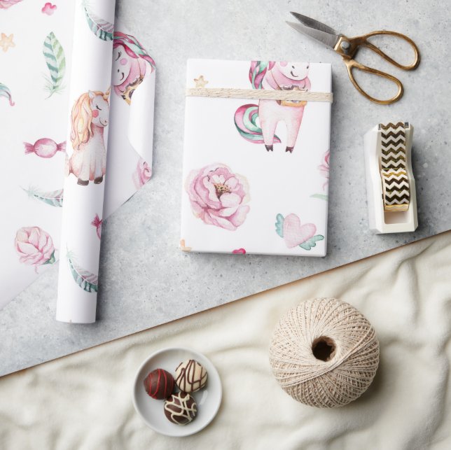 Niedliche boho pink unicorn geblümte Babydusche Geschenkpapier (Kunsthandwerk)