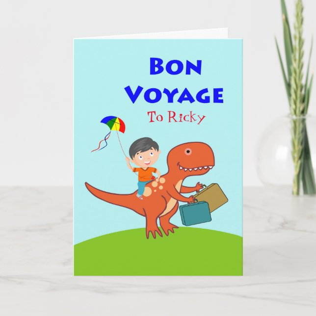 Niedliche Bön-Reise für Kinder, Junge auf Dinosaur Karte (Vorderseite)