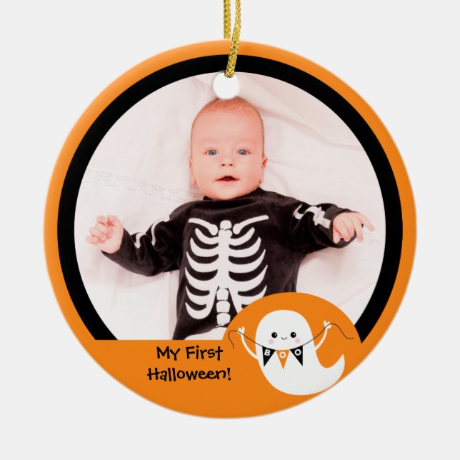 Niedliche Boo-Geist-Halloween-Foto-Verzierung Keramikornament (Vorne)
