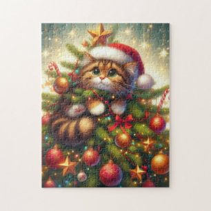Niedliche, bösartige Katze im Weihnachtsbaum