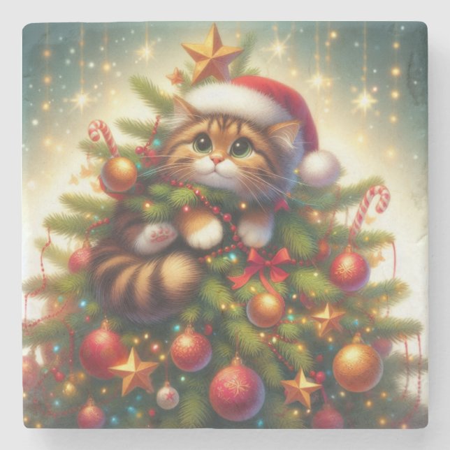 Niedliche, bösartige Katze im Weihnachtsbaum Steinuntersetzer (Vorderseite)