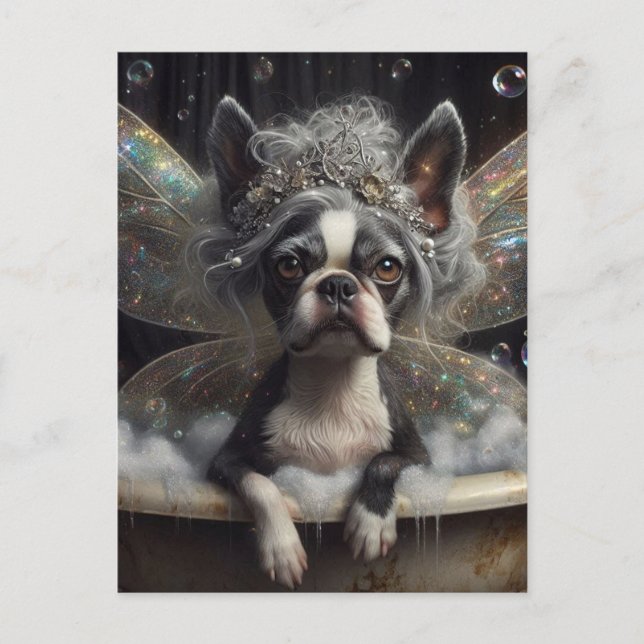 Niedliche Boston Terrier Fairy in einer Blase Postkarte (Vorderseite)
