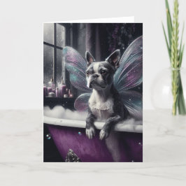 Niedliche Boston Terrier Fairy in einer Lila Badew Karte